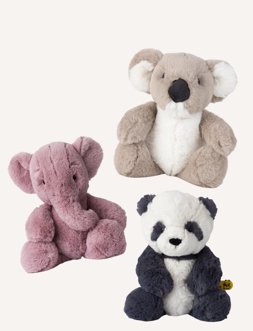 Collection of three plush animals: a pink elephant, a panda, and a koala, on a white background.