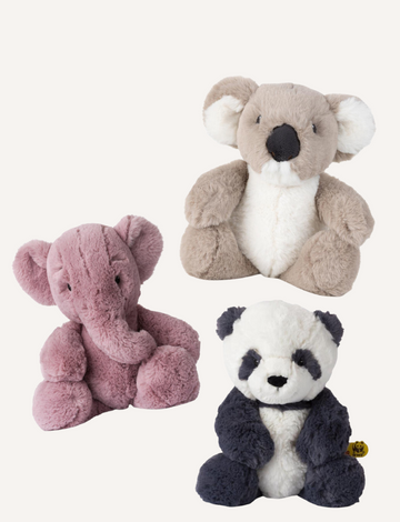 Three plush toys are shown on a plain background: a gray koala, a pink elephant, and an eco-friendly black-and-white panda. Crafted from 100% recycled PET materials, each WWF Plush Animal (23cm) supports wildlife conservation through WWF donations.