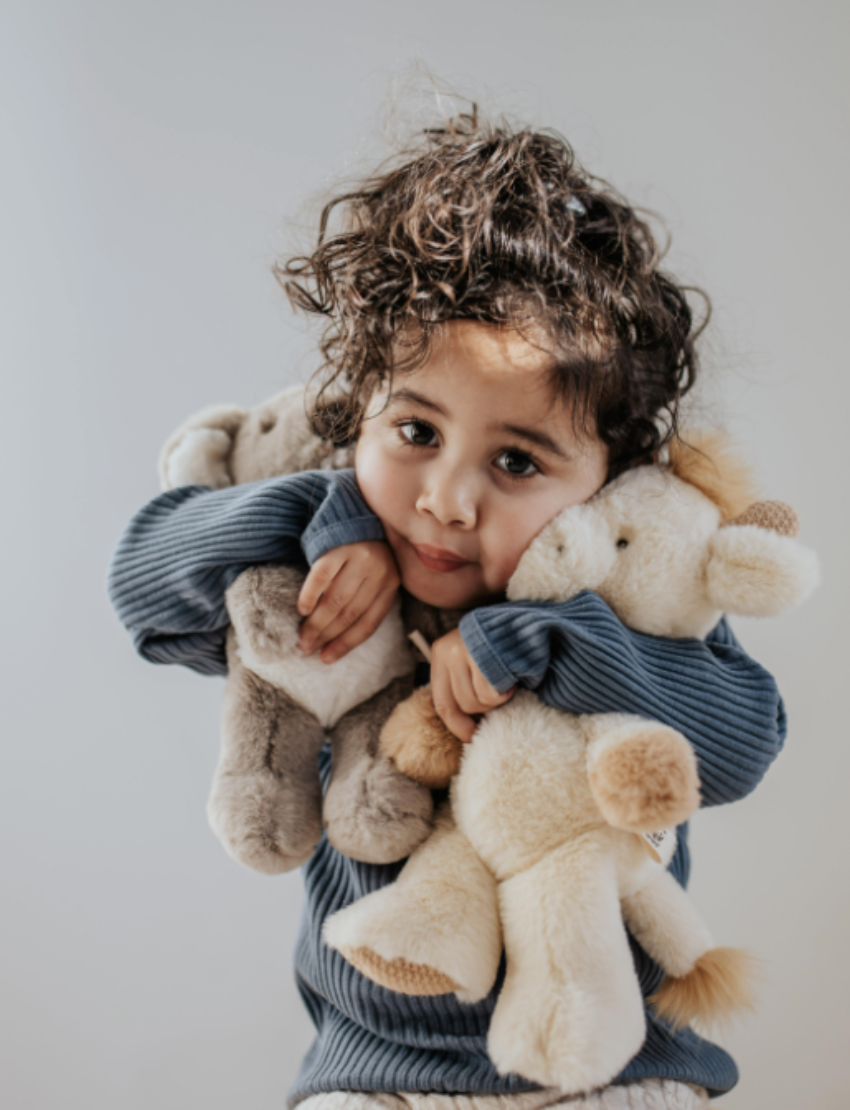 Three plush toys are shown on a plain background: a gray koala, a pink elephant, and an eco-friendly black-and-white panda. Crafted from 100% recycled PET materials, each WWF Plush Animal (23cm) supports wildlife conservation through WWF donations.