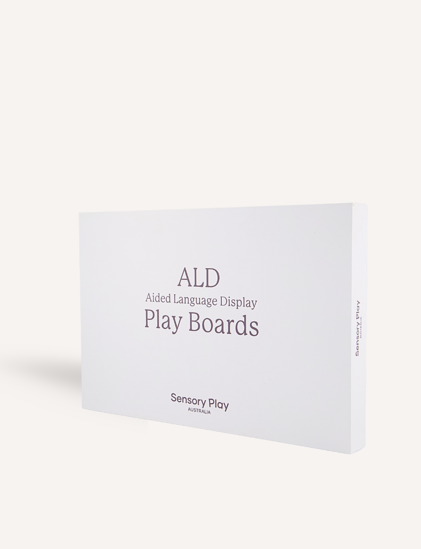 A white rectangular box features the text "ALD Play Boards" and "Sensory Play Australia." These boards are crafted to enhance language development and social interaction, all set on a crisp white background.