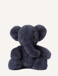 A WWF Plush Animals 29cm featuring a dark blue elephant and brown-beige monkey, both made from recycled PET materials, rest on a plain backdrop. These eco-friendly companions are ideal for conservation-minded individuals.