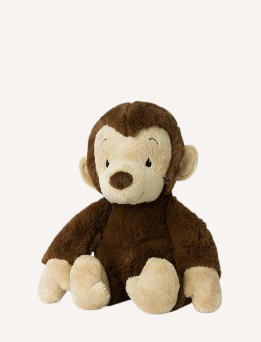 A WWF Plush Animals 29cm featuring a dark blue elephant and brown-beige monkey, both made from recycled PET materials, rest on a plain backdrop. These eco-friendly companions are ideal for conservation-minded individuals.