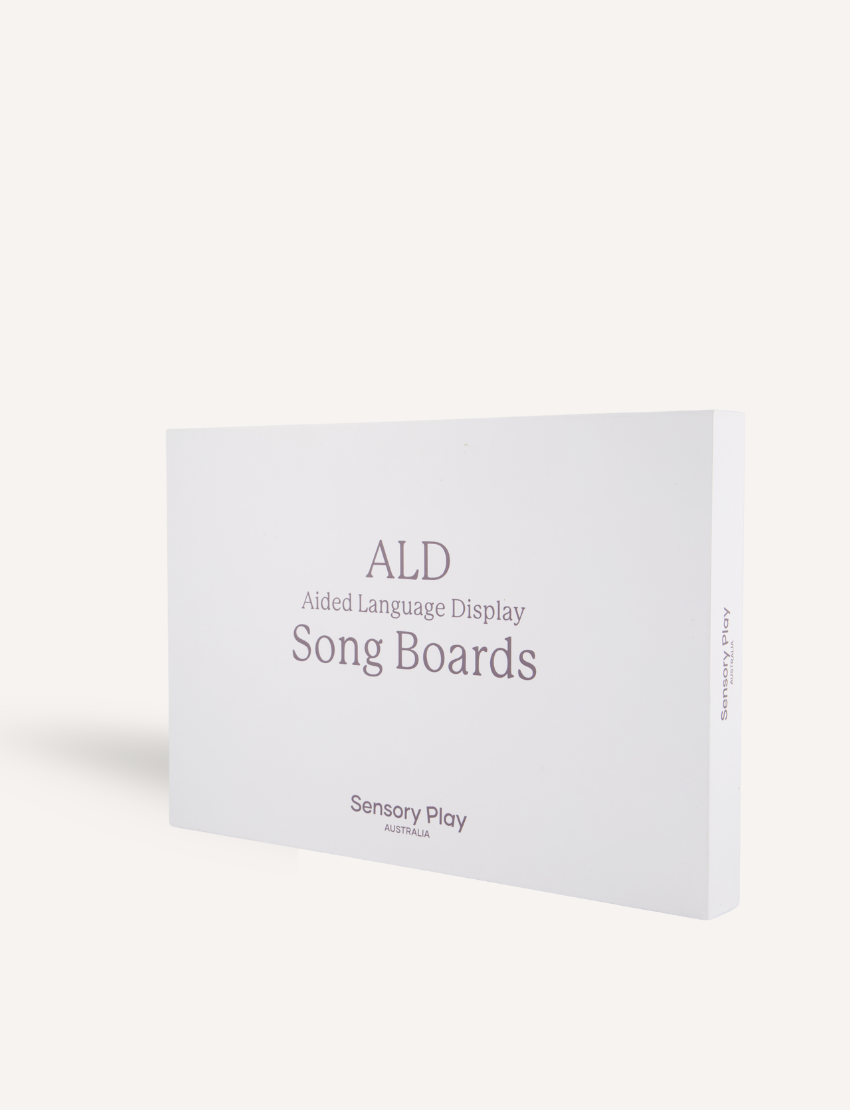 A white rectangular box features "ALD Song Boards" and "Sensory Play Australia" in gray. Ideal for vocabulary development, it aids language learning, shown upright against a plain white background.