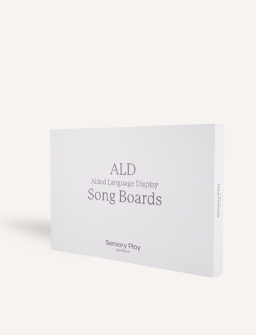 A white rectangular box features "ALD Song Boards" and "Sensory Play Australia" in gray. Ideal for vocabulary development, it aids language learning, shown upright against a plain white background.