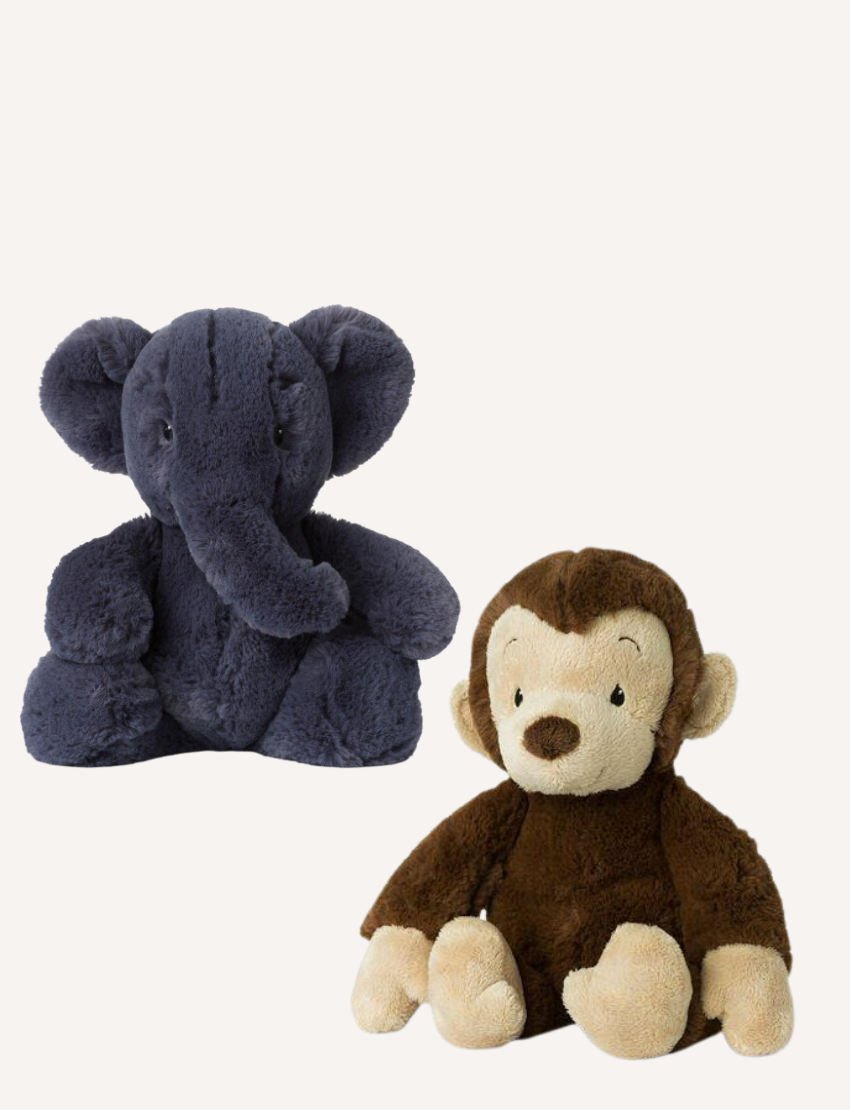 A WWF Plush Animals 29cm featuring a dark blue elephant and brown-beige monkey, both made from recycled PET materials, rest on a plain backdrop. These eco-friendly companions are ideal for conservation-minded individuals.