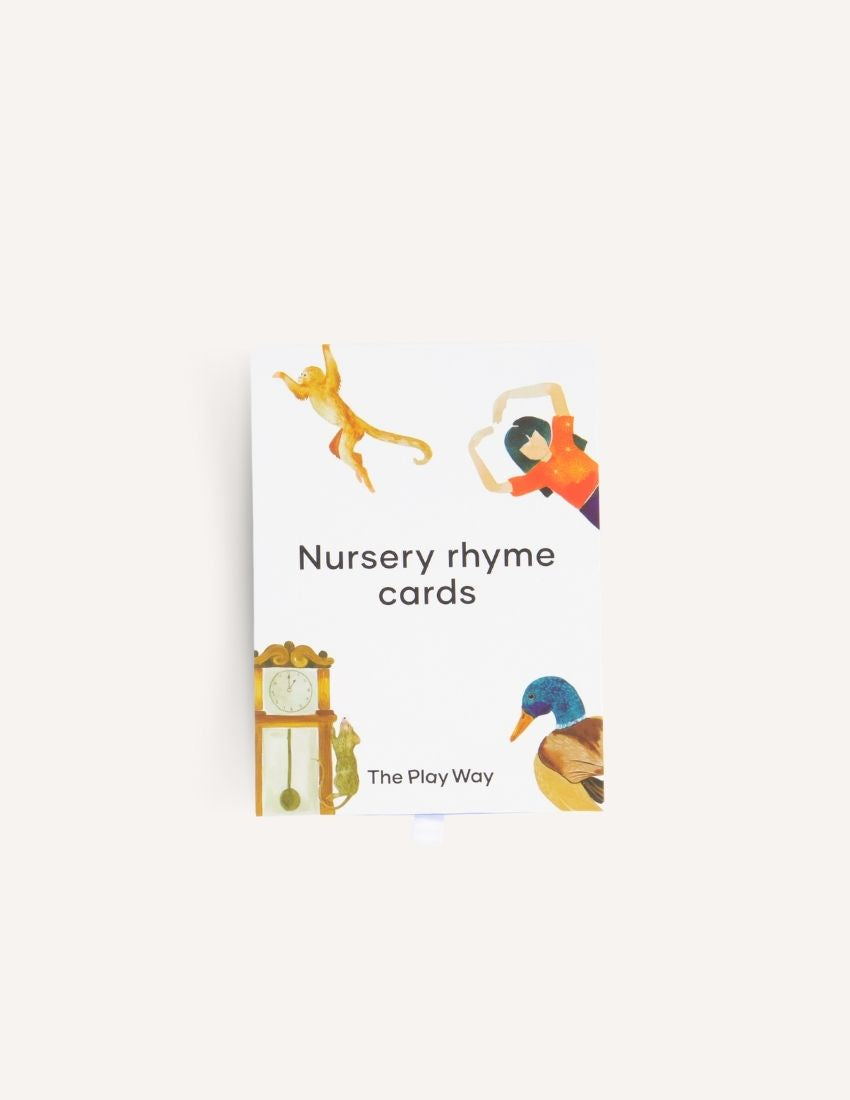 Front cover of the Nursery Rhyme Cards Set in Box (SPA) from Sensory Play Australia featuring charming illustrations of a monkey, a clock, a person, and a duck. The text reads, "Nursery rhyme cards." Perfect for early childhood learning to enhance language skills.