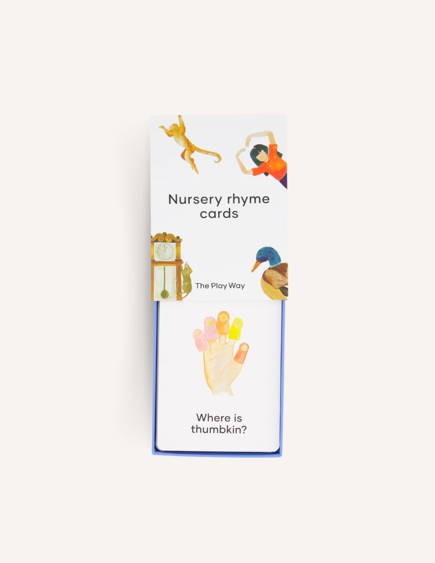 Front cover of the Nursery Rhyme Cards Set in Box (SPA) from Sensory Play Australia featuring charming illustrations of a monkey, a clock, a person, and a duck. The text reads, "Nursery rhyme cards." Perfect for early childhood learning to enhance language skills.