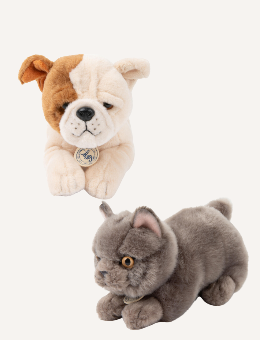 Two plush toys, part of the BT Chaps "Pets in Giftbox 15cm" collection, are set against a plain backdrop: an American Bulldog with floppy ears and a tag above a gray British Shorthair cat with a curled tail, yellow eyes, and its own tag.