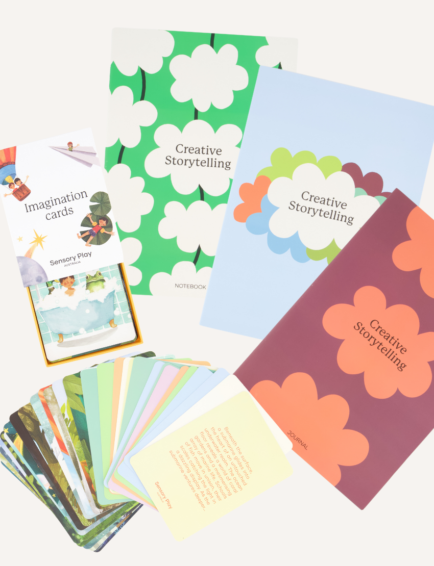 Explore the Creative Storytelling Set by Sensory Play Australia, featuring "Imagination cards," three floral-patterned notebooks, and a "Creative Storytelling Journal," all designed to inspire imaginative expression and hone language skills.