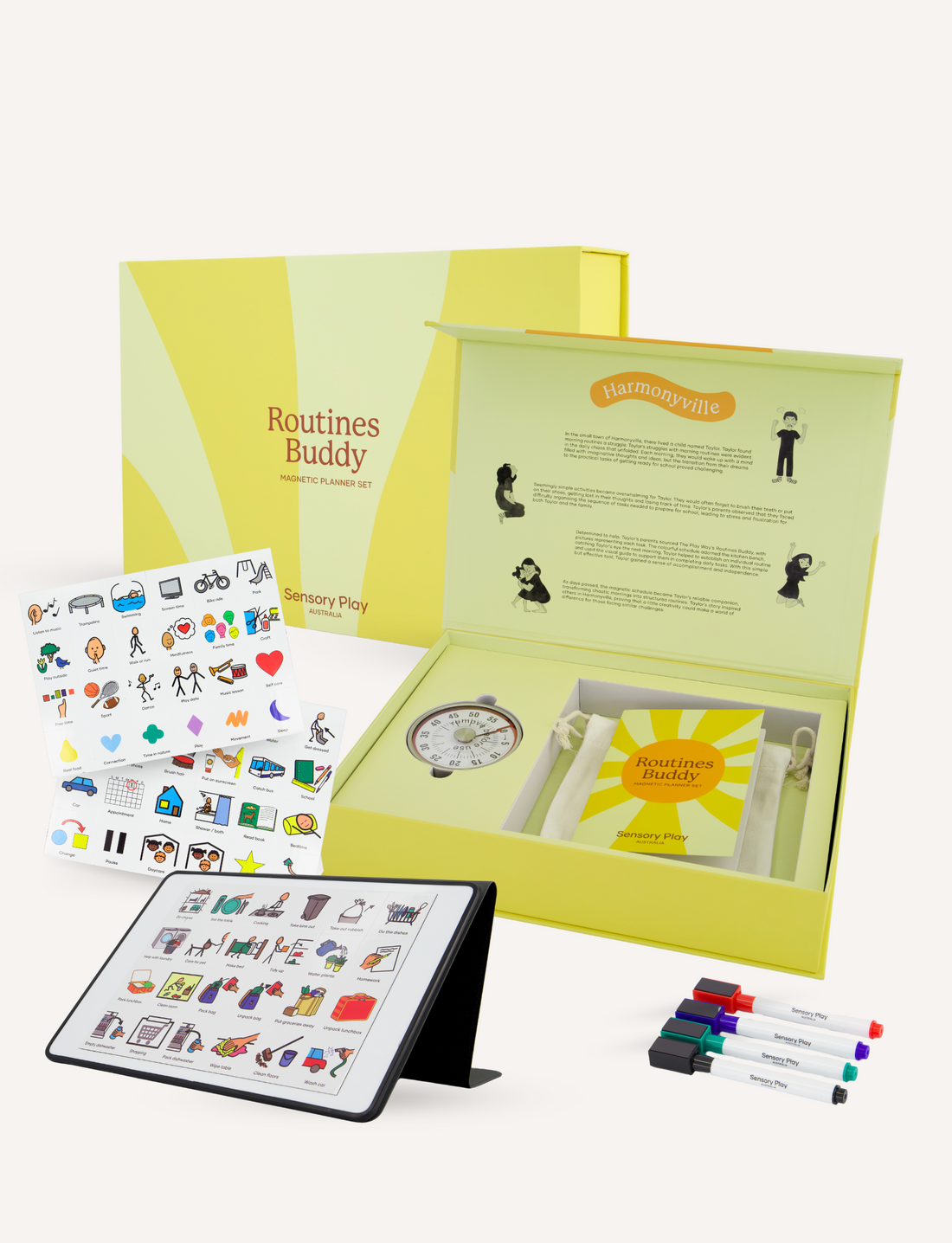 The complete Routines Buddy toolkit by The Play Way displayed coming out of a box, showing the visual schedule, planner, parent journal, and expert video content for establishing family routines.