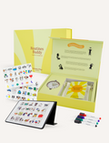 A product shot of the Routines Buddy Magnetic Planner Set, including its yellow box, visual schedule board, timer, sensory play icon cards, and markers. An educational tool for kids' daily routines.