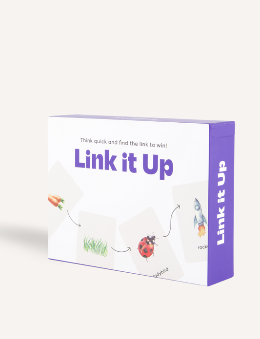 The image features the "Link it Up Game" by Sensory Play Australia, in a boxed set with a purple border. The front showcases cards linking a carrot, grass, ladybird, and rocket, and reads "Think quick and find the link to win!" Ideal for family fun and boosting word association skills!.