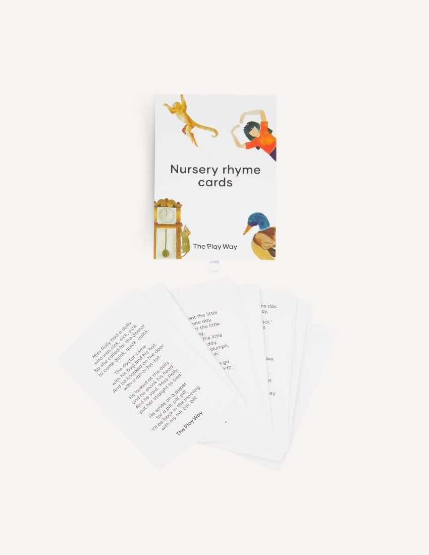 Front cover of the Nursery Rhyme Cards Set in Box (SPA) from Sensory Play Australia featuring charming illustrations of a monkey, a clock, a person, and a duck. The text reads, "Nursery rhyme cards." Perfect for early childhood learning to enhance language skills.