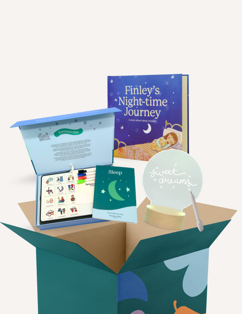 The Sleep Buddy by Sensory Play Australia is a delightful sleep-themed gift box featuring the children's book "Finley's Night-time Journey," a soothing bedtime routine board game, a comforting "Sweet Dreams" night light, and an informative booklet titled "Sleep." These items are elegantly organized in an open teal box to create the ideal sleep companion for your little one.