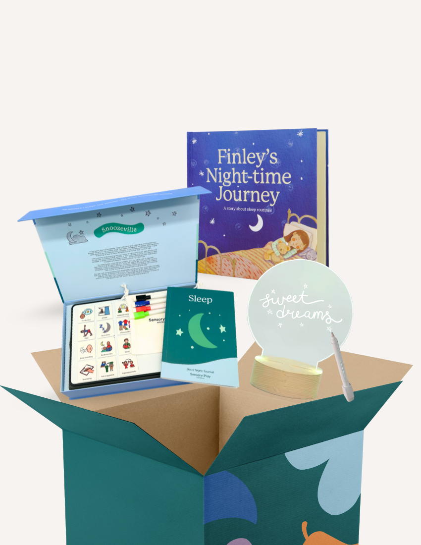 Sensory Play Australia Sleep Buddy, a therapist-designed kit for calm bedtimes, featuring a visual schedule, book, and night light.