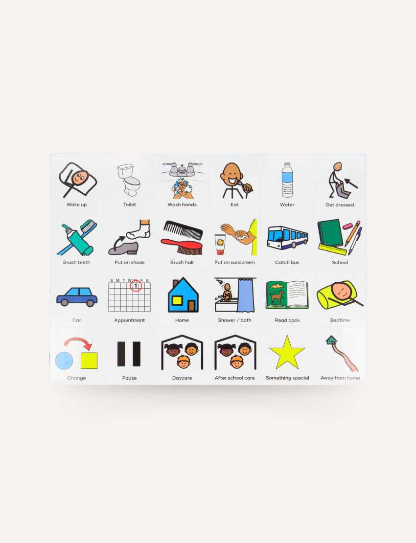 The Routines Magnetic Visual Set by Sensory Play Australia includes three sheets of visual aids with colorful icons representing objects, activities, and actions. Topics covered include transportation, household chores, exercise, and communication. The sheets are arranged at different angles and partially overlap each other.