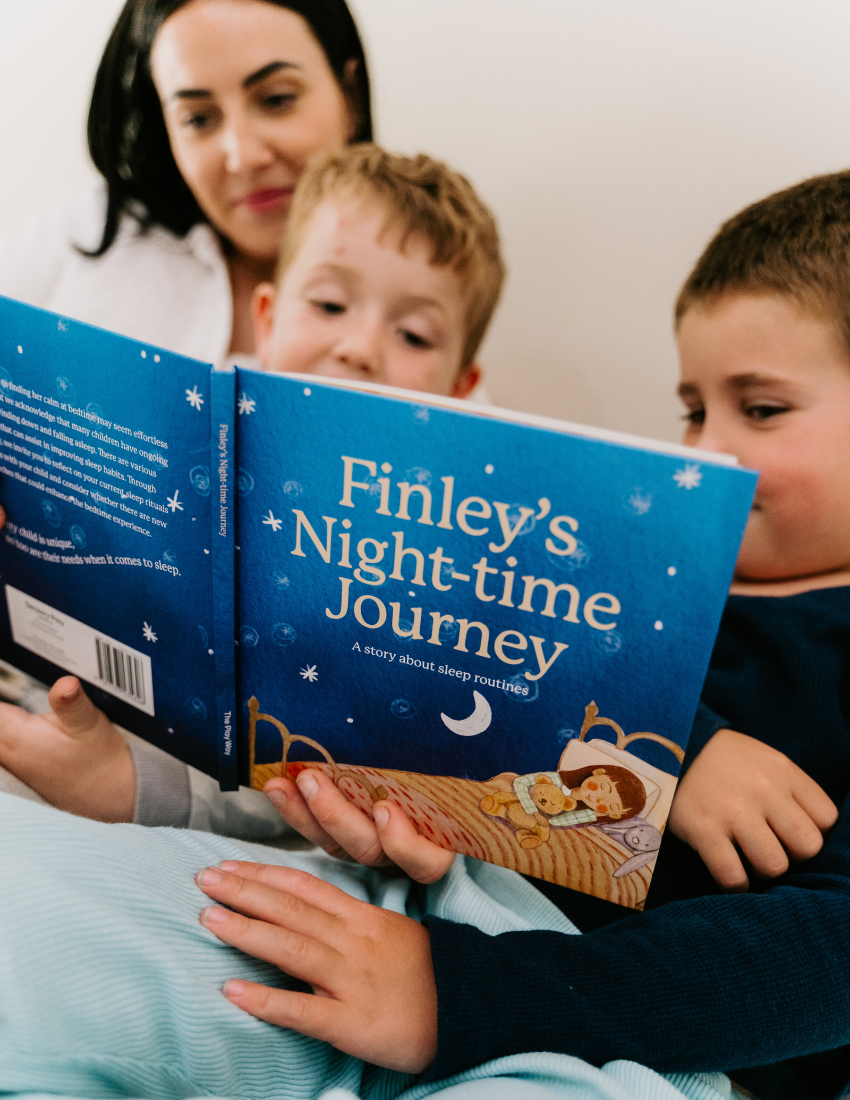 The Sleep Buddy by Sensory Play Australia is a delightful sleep-themed gift box featuring the children's book "Finley's Night-time Journey," a soothing bedtime routine board game, a comforting "Sweet Dreams" night light, and an informative booklet titled "Sleep." These items are elegantly organized in an open teal box to create the ideal sleep companion for your little one.