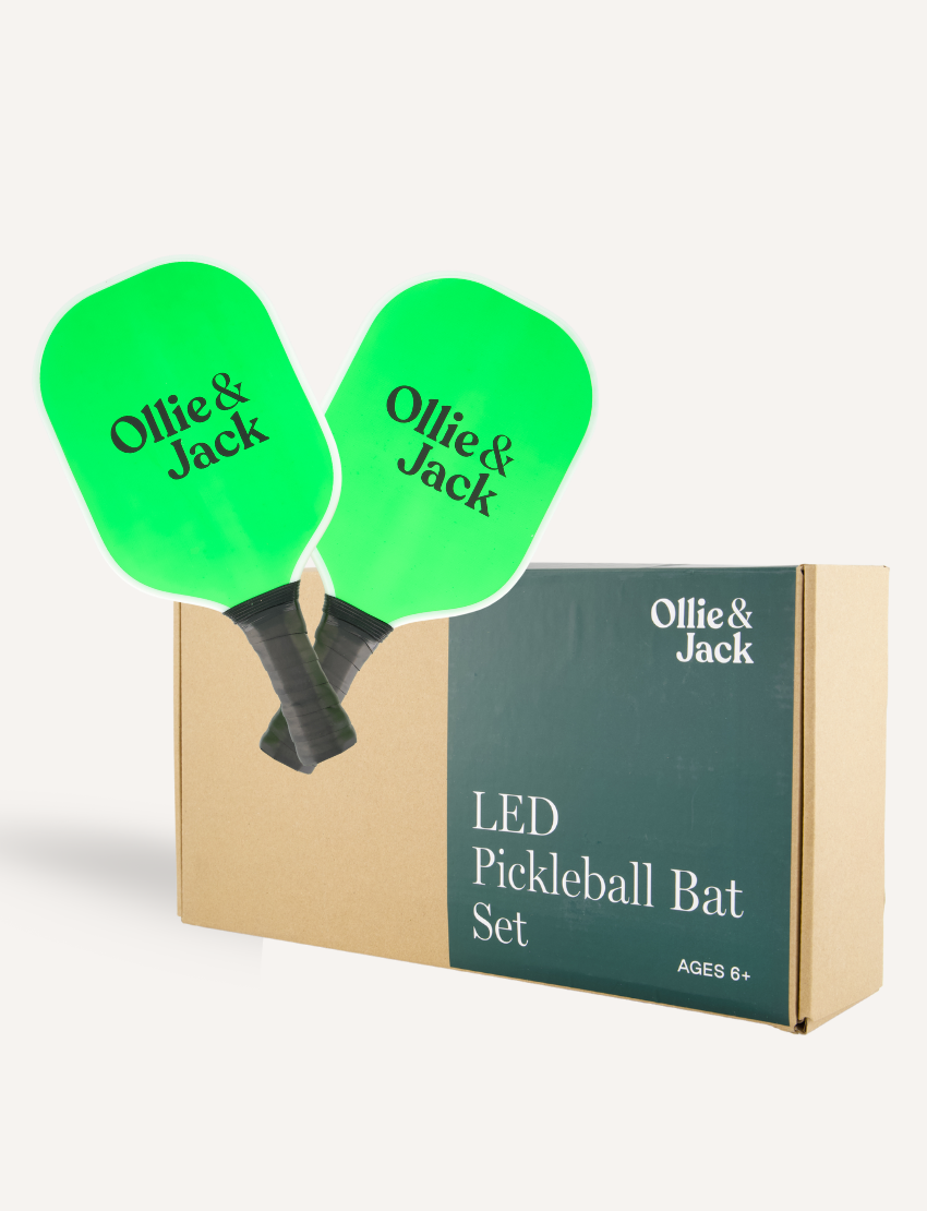Ollie & Jack LED Pickleball Bat Set box packaging with green illuminated bats.