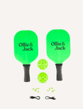 Ollie & Jack's LED Pickleball Bat Set includes two vibrant green paddles with black handles and the brand's logo, making it perfect for an exciting game for ages 6 and up.