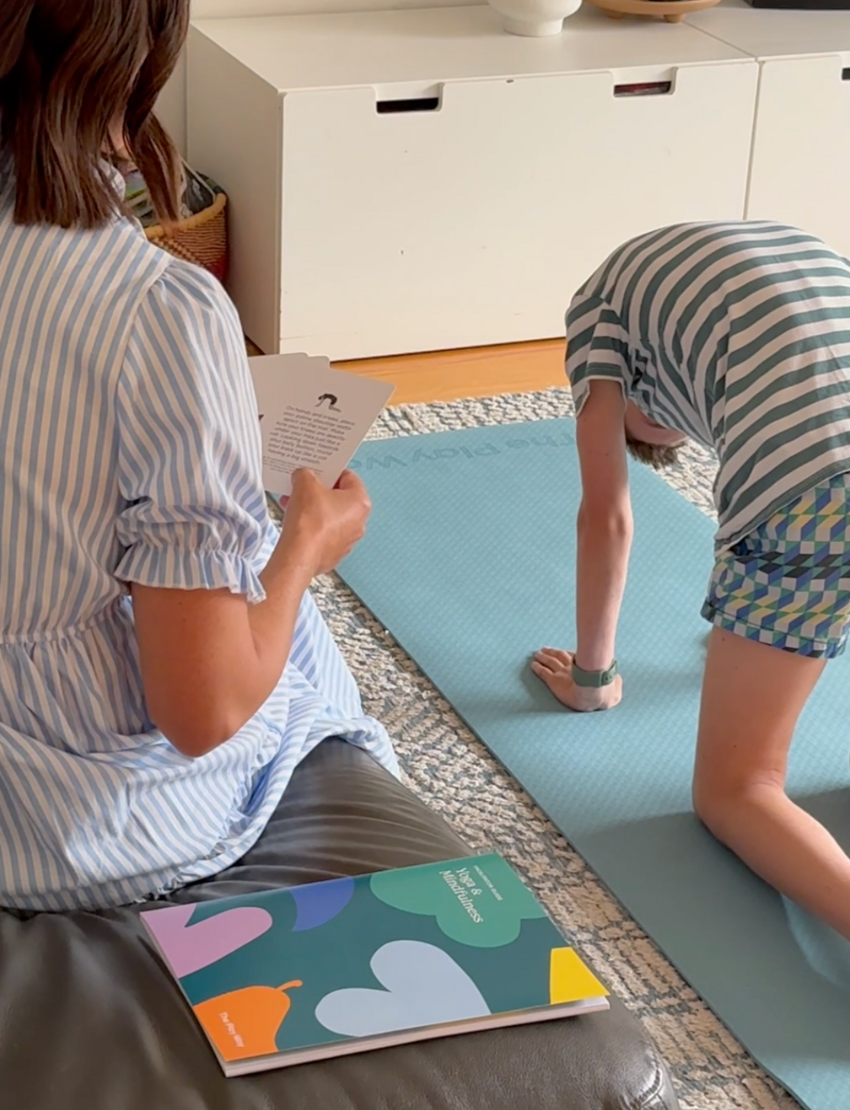 The Yoga & Mindfulness Program by Therapy At Home features an open teal box with abstract designs, holding a yoga mat, teal cushion, books, cards, and small items—perfect for home yoga and mindfulness—displayed upright against a simple background.