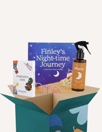 An open green and blue box from The Play Way, labeled as the Sleep Storytime Kit, includes three items: a children’s book titled “Finley’s Night-time Journey,” a pack of Imagination Sensory Play cards, and a bottle of Dew + Willow Melo Magnesium Oil Spray. Designed to promote restful sleep and emotional well-being, the background is white.