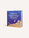 An open green and blue box from The Play Way, labeled as the Sleep Storytime Kit, includes three items: a children’s book titled “Finley’s Night-time Journey,” a pack of Imagination Sensory Play cards, and a bottle of Dew + Willow Melo Magnesium Oil Spray. Designed to promote restful sleep and emotional well-being, the background is white.