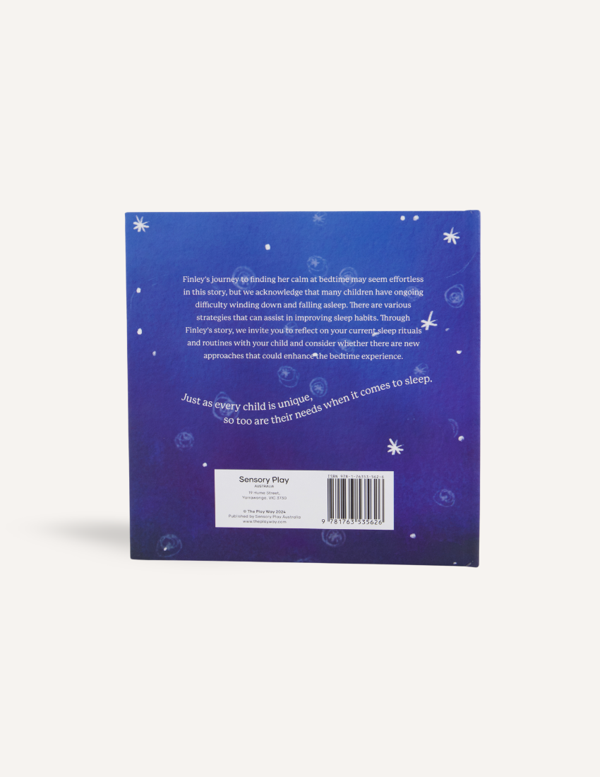 An open green and blue box from The Play Way, labeled as the Sleep Storytime Kit, includes three items: a children’s book titled “Finley’s Night-time Journey,” a pack of Imagination Sensory Play cards, and a bottle of Dew + Willow Melo Magnesium Oil Spray. Designed to promote restful sleep and emotional well-being, the background is white.