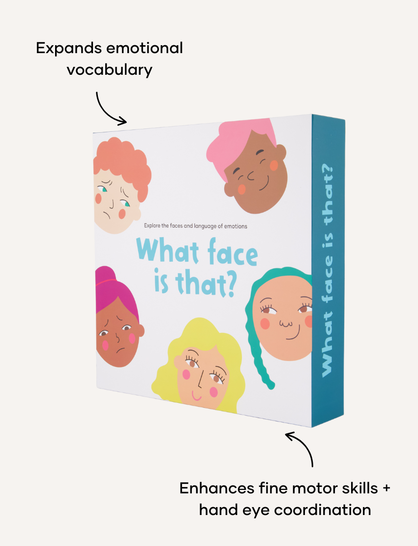 A box of the "What face is that? Game" by Sensory Play Australia is displayed. The front showcases illustrated, interactive faces conveying different emotions, while the side of the box features the title "What face is that?" printed vertically, encouraging kids to explore and role-play various feelings in an enjoyable and engaging manner.