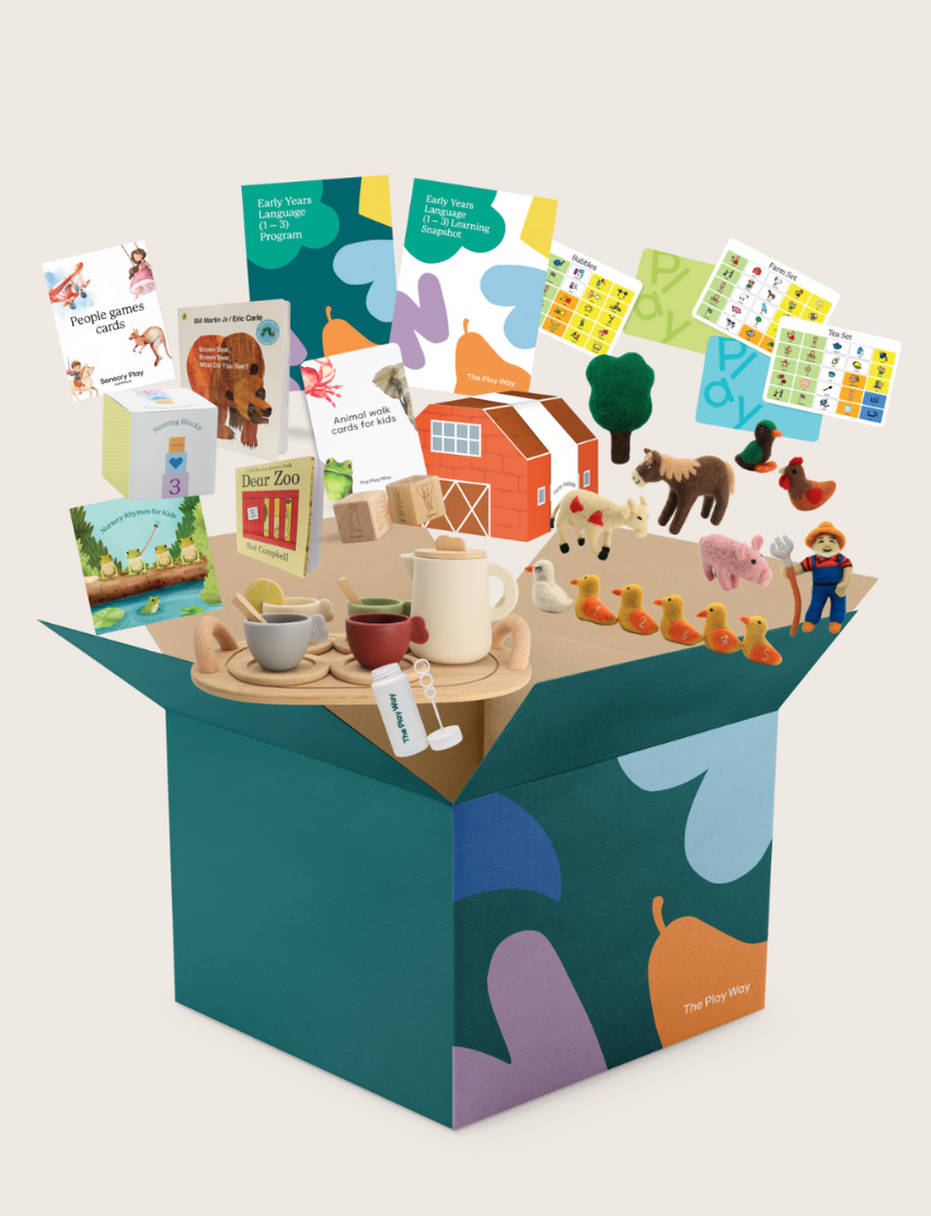 The Early Years Language Program by Therapy At Home features an open teal box neatly filled with educational toys, animal figurines, wooden blocks, a toy tea set, illustrated cards, books, and activity sheets for play-based learning and language development.