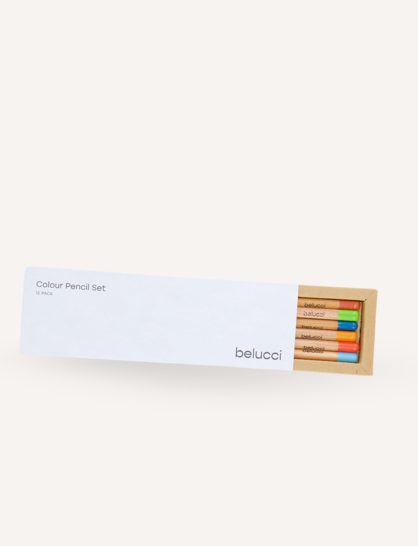 The Belucci "Colour Pencils 12pc in Box" is ideal for sketching and journaling, offering vibrant colors like blue, red, and green. The brand name is prominently displayed on the packaging with the vivid pencils visible inside.