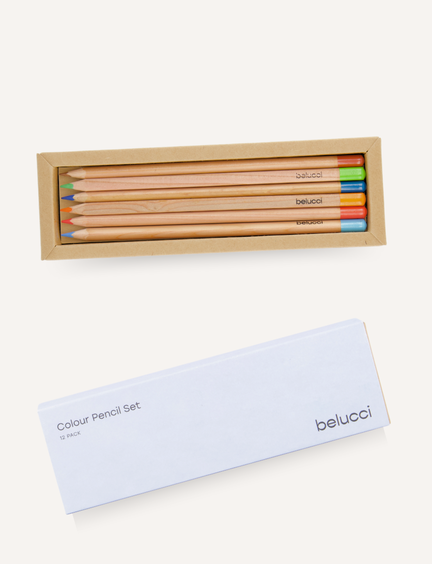 The Belucci "Colour Pencils 12pc in Box" is ideal for sketching and journaling, offering vibrant colors like blue, red, and green. The brand name is prominently displayed on the packaging with the vivid pencils visible inside.