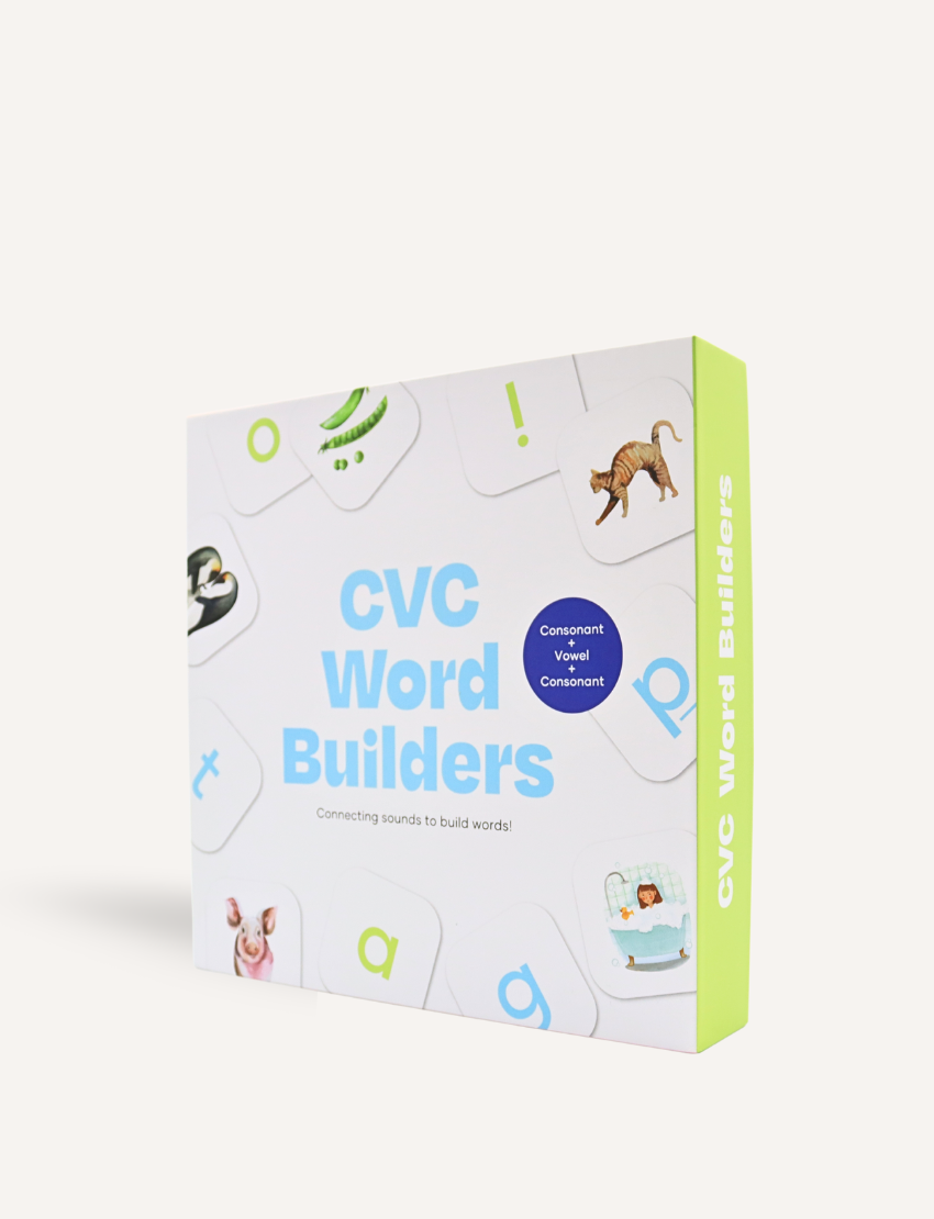 A white box titled "CVC Word Builders Game" by Sensory Play Australia displays colorful letters and images like a cat and worm to enhance phonemic awareness. The bright green side reads "CVC Word Builders," making literacy skills fun and engaging.