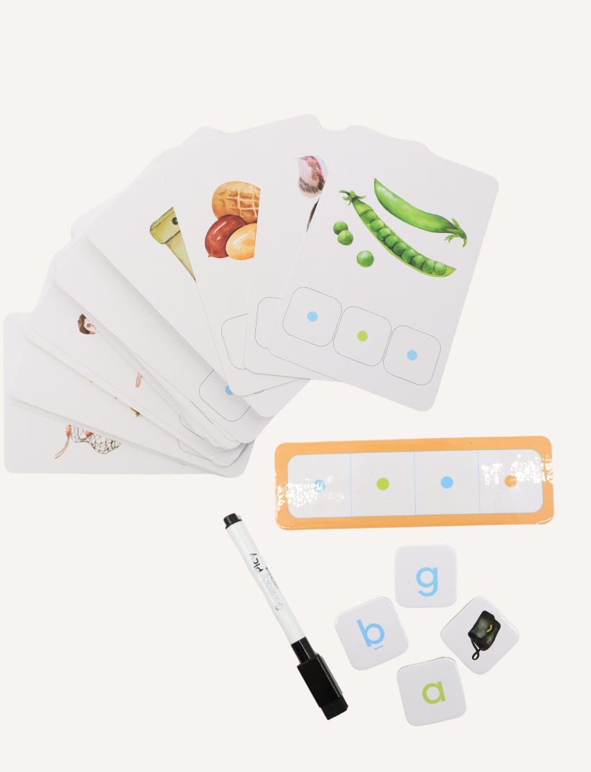 A white box titled "CVC Word Builders Game" by Sensory Play Australia displays colorful letters and images like a cat and worm to enhance phonemic awareness. The bright green side reads "CVC Word Builders," making literacy skills fun and engaging.