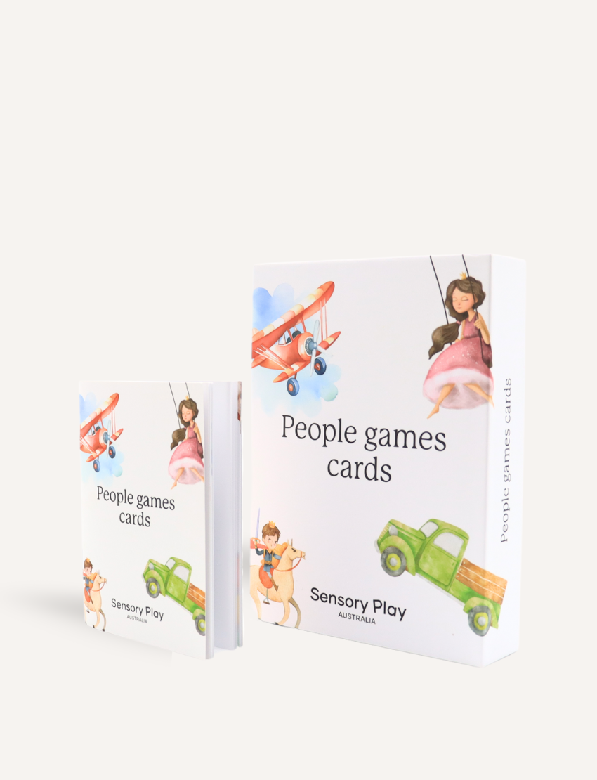 Two sets of "People Games Cards Set" by Sensory Play Australia are displayed. One set is opened, showing fanned-out cards such as "Horsey Rides" featuring a child on a rocking horse, ideal for interaction and communication enhancement. The other set is sealed.