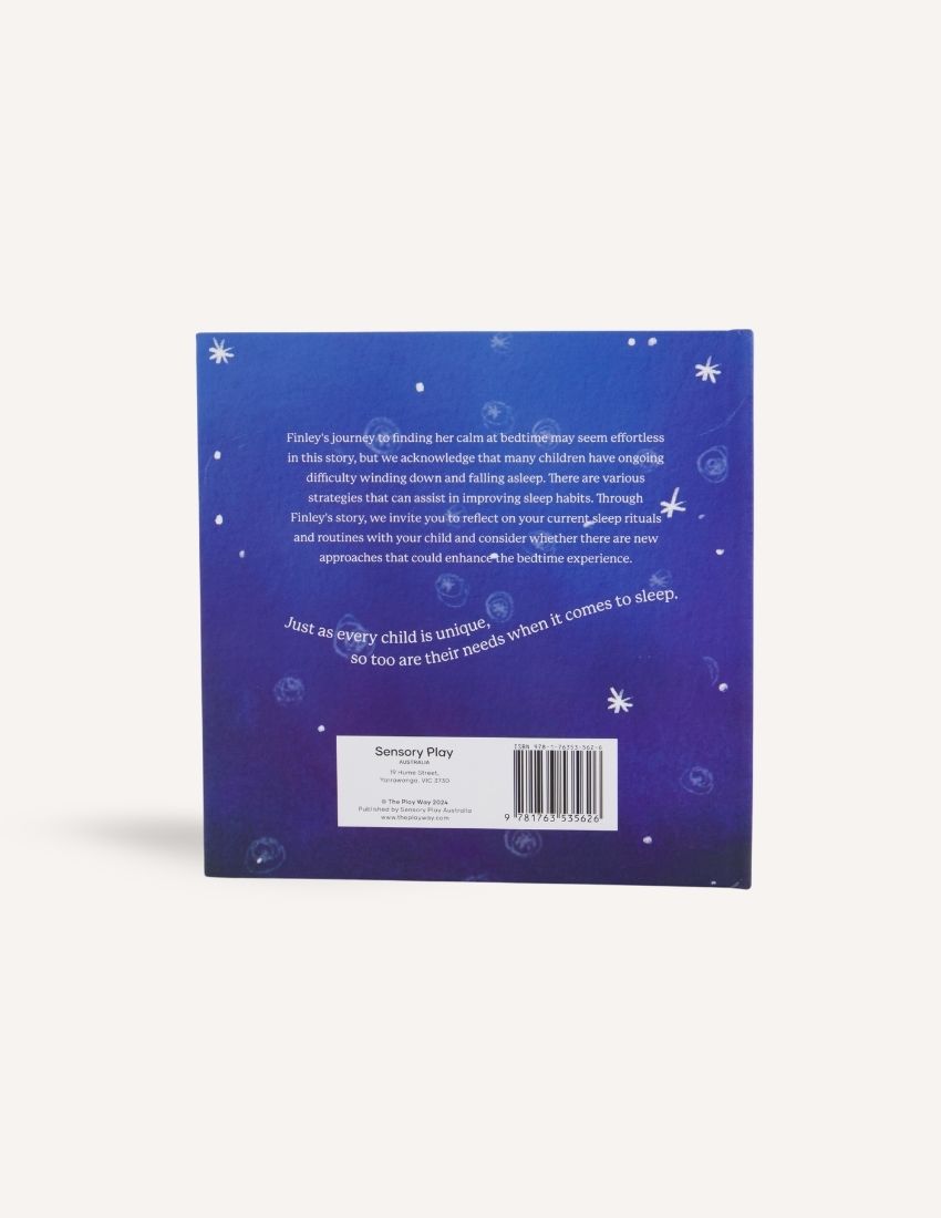 The "Finley’s Night-time Journey Storybook" by Sensory Play Australia is featured, showcasing a cover illustration of a child in bed holding a stuffed toy, with a moon in the background. The subtitle reads "A story about children's bedtime routines and emotional regulation.