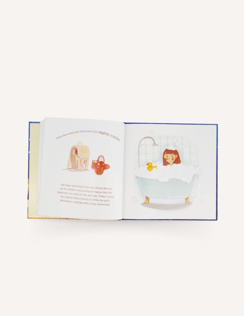 The "Finley’s Night-time Journey Storybook" by Sensory Play Australia is featured, showcasing a cover illustration of a child in bed holding a stuffed toy, with a moon in the background. The subtitle reads "A story about children's bedtime routines and emotional regulation.