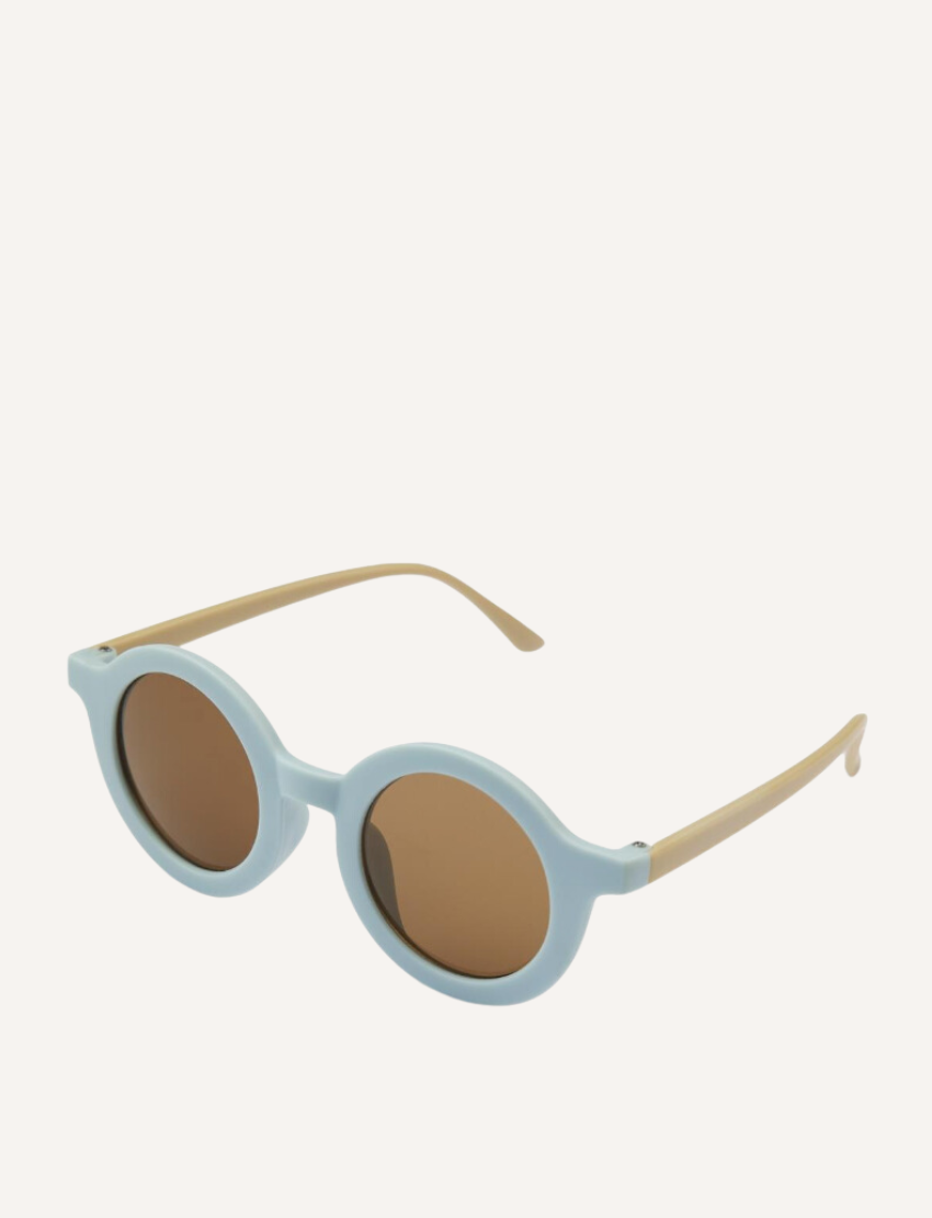 Two pairs of Nuuroo's Anna Sunglasses with dark polycarbonate lenses are shown on a neutral background. The top pair has a light olive frame, and the bottom pair is light blue. Both offer UV400 protection for safe, stylish sun exposure.