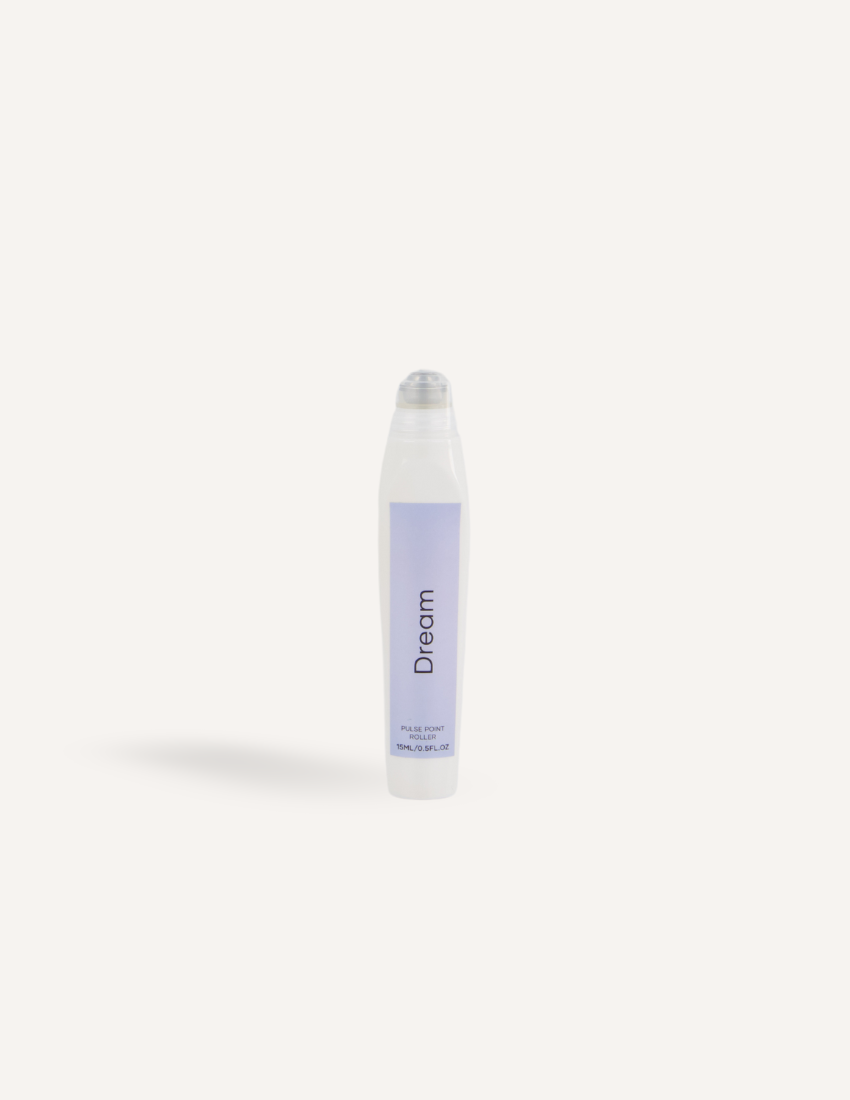 A white cylindrical container with a clear, slightly rounded cap, labeled "Melo Pulse Point Roller – Dream" in black text on a lavender-colored section. The text "10ml / 0.34 fl.oz" appears in small print at the bottom of the lavender section, perfect for your bedtime ritual and relaxation as an oil roller from the Melo brand.