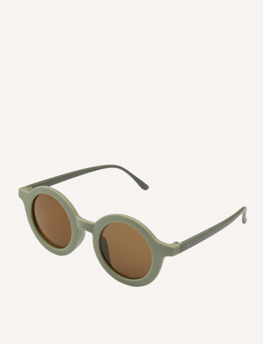 Single pair of sage green round kids' sunglasses with brown lenses, viewed from an angle, offering stylish eye protection.