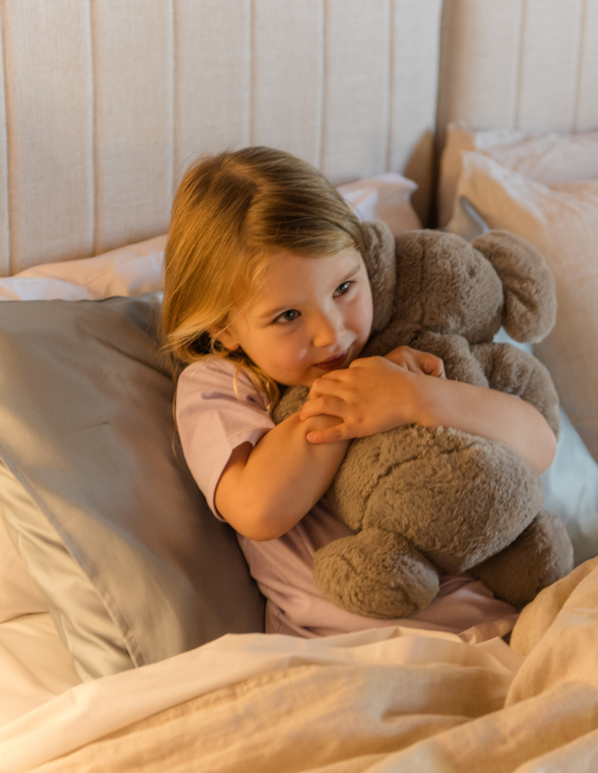 The Weighted Koala with Heart Beat from Sensory Play Australia is a plush toy featuring grey fur and large floppy ears. Designed to offer emotional comfort, this adorable koala has a white belly and inner ears, complemented by a black nose and black eyes. The koala is depicted sitting upright against a plain white background, making it perfect for sensory regulation needs.