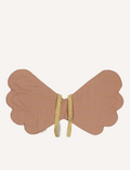 The Fairy Wings - Old Rose by Fabelab are a pair of fairy-inspired fabric wings crafted from organic cotton. These light brown wings feature scalloped edges and are secured with gold straps.