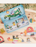 Four vibrant travel magnetic boxes by mierEdu showcase children's themes: Aircraft, Trucks, Cars, and Music Party. These colorful boxes include engaging themed magnetic pieces and are suitable for ages 3 and up.