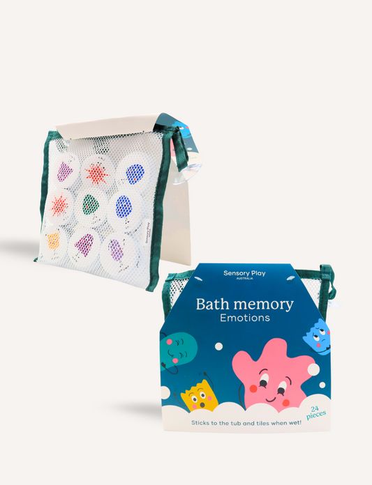 The "Bath Memory: Emotions" package by Sensory Play Australia offers fun learning. The blue packaging, adorned with colorful cartoon faces, contains 24 pieces that stick to the tub and tiles when wet, making emotions bath time both enjoyable and educational.