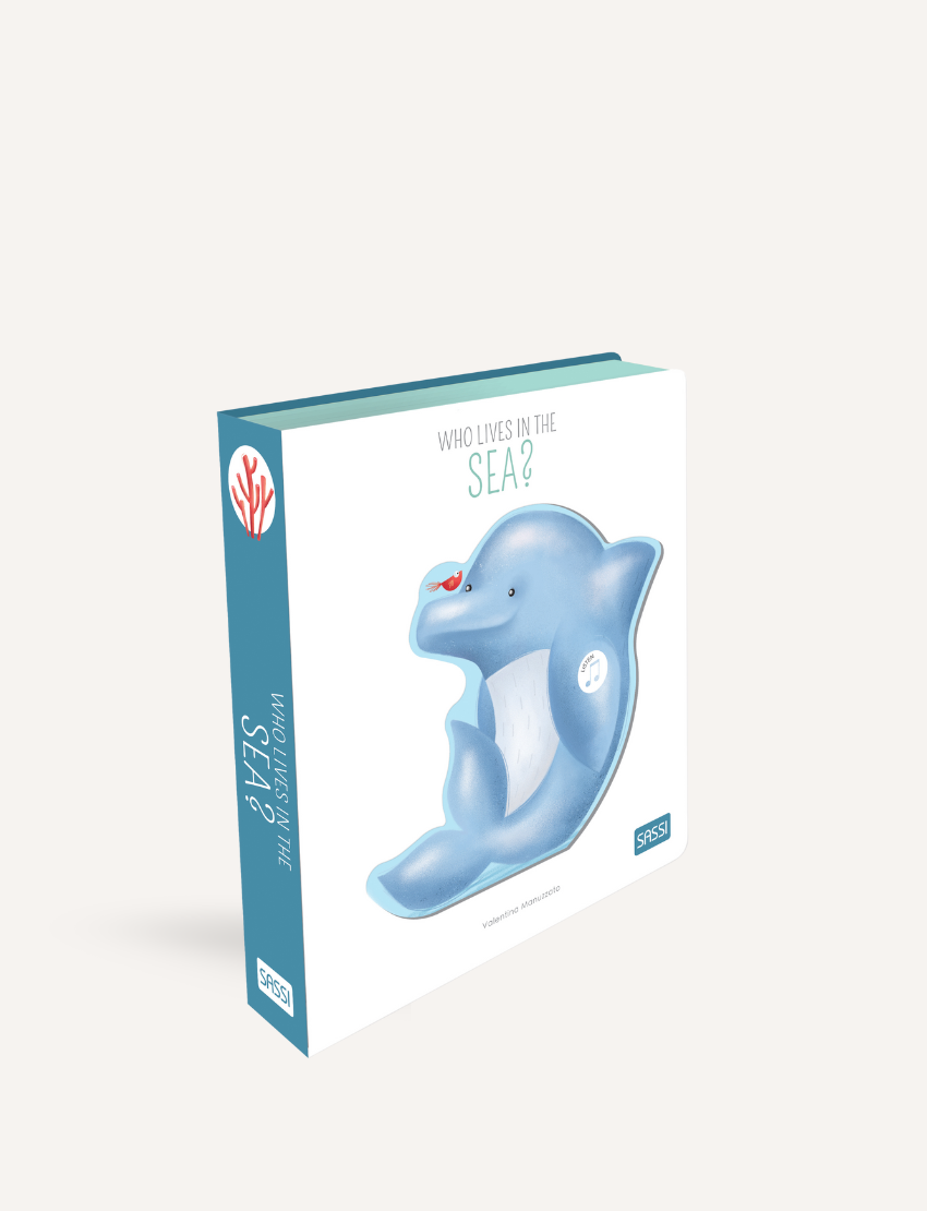 The product "Sound Book - Who Lives in the Sea" by Astrup showcases an illustration of a blue dolphin with a small fish on its nose. Both the spine and cover have matching designs featuring a small red coral icon.