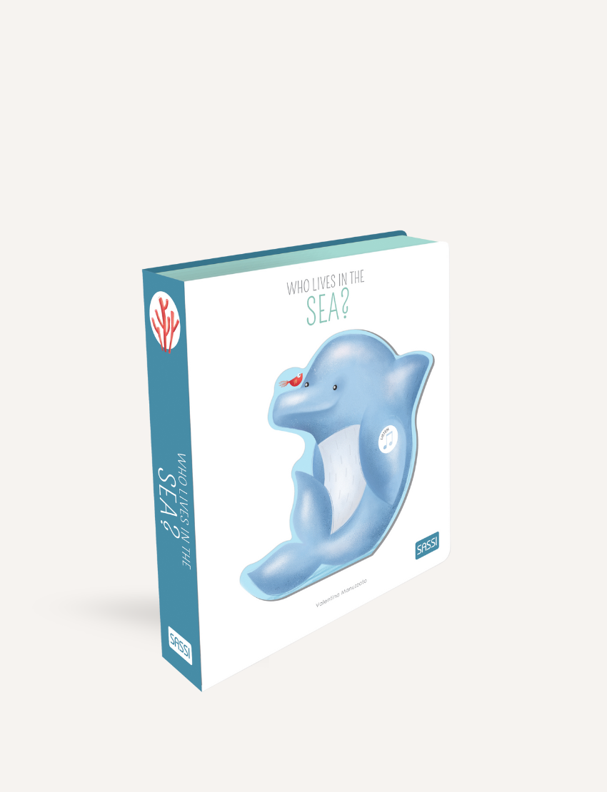 Children's book cover: 'Who Lives in the Sea?' featuring a cartoon blue dolphin with a red nose and red coral.