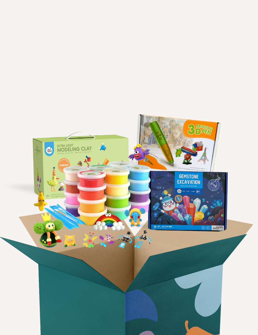 A vibrant Fine Motor Practice: Play Kit by The Play Way is open, revealing a delightful assortment of children's activity items. Included are ultra-light modeling clay, a 3D printing pen set designed to enhance fine motor skills, a gemstone excavation kit, and an array of small toys. The scene is set against a simple white background.