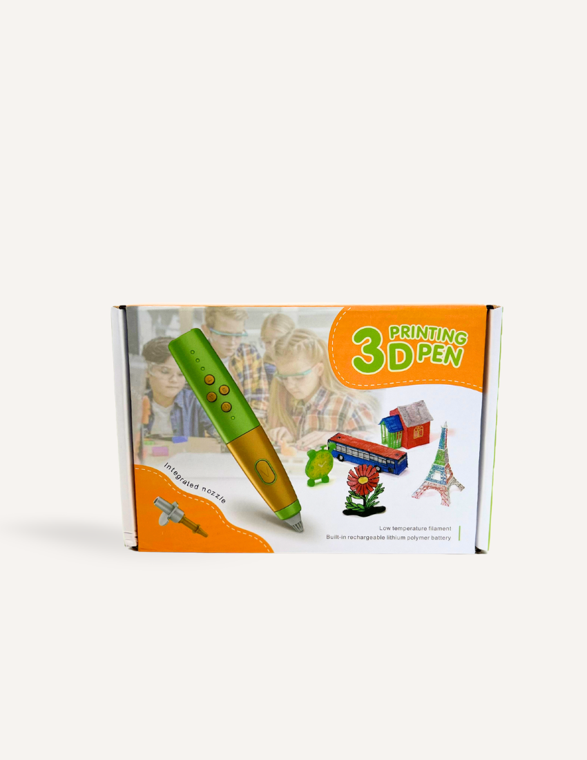 A vibrant Fine Motor Practice: Play Kit by The Play Way is open, revealing a delightful assortment of children's activity items. Included are ultra-light modeling clay, a 3D printing pen set designed to enhance fine motor skills, a gemstone excavation kit, and an array of small toys. The scene is set against a simple white background.