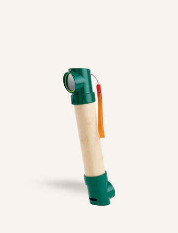 The Hape Hide-and-Seek Periscope features a bamboo and green plastic design, complete with an orange wrist strap, standing vertically against a plain background.