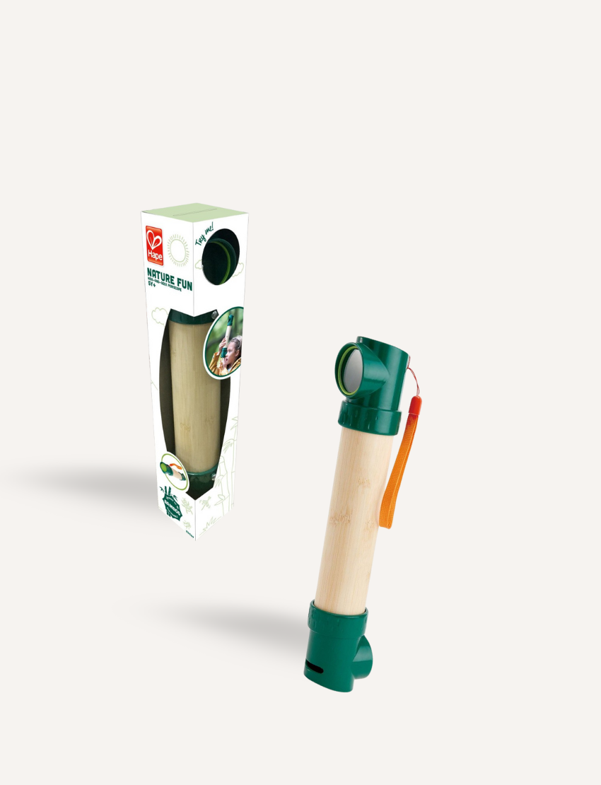 The Hape Hide-and-Seek Periscope features a bamboo and green plastic design, complete with an orange wrist strap, standing vertically against a plain background.