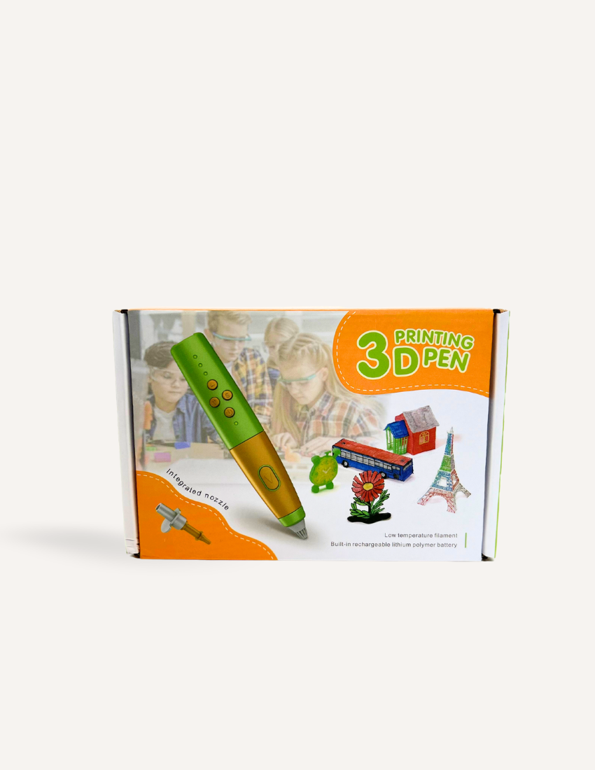 A packaging box for The Play Way's 3D Printing Pen is displayed. The box features images of the pen, 3D models of a house, a dinosaur, and the Eiffel Tower, with children in the background. Text on the box reads "3D Printing Pen" and provides some specifications.